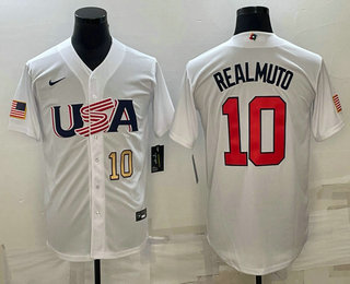 Men%27s USA Baseball #10 JT Realmuto Number 2023 White World Baseball Classic Stitched Jersey
